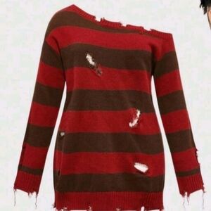 Chic Off-the-Shoulder Striped Red and Brown Freddy Krueger Inspired Sweater ❤️🤎